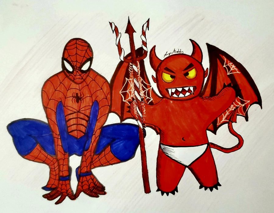 A spiderman crouching down next to a devil with its trident wrapped in spiderwebs.