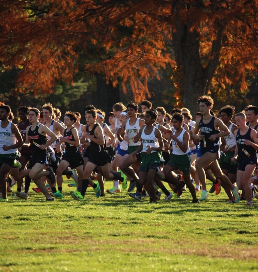 The boys JV cross-country race team starts their race at the Last Chance Invitational on November 2.