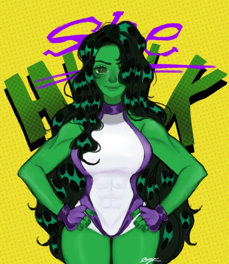 Here comes She-Hulk! She-Hulk stands in front of a comic-like backdrop wearing her iconic outfit.