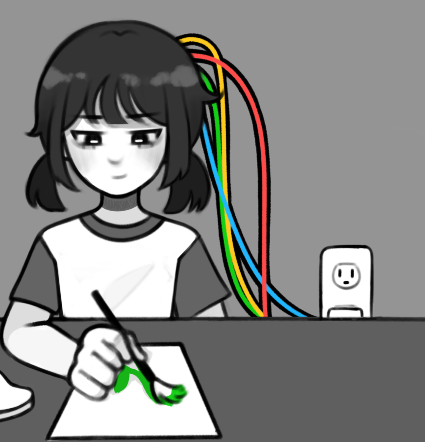 A girl with her head connected to a creativity outlet.