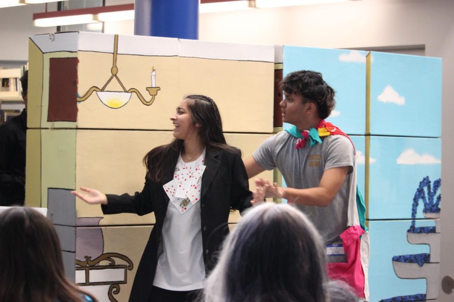 Zoya Azeem and Aditya Rawat act out their roles in their problem, "Classics...The Walls of Troy", at the Regional OM Competition