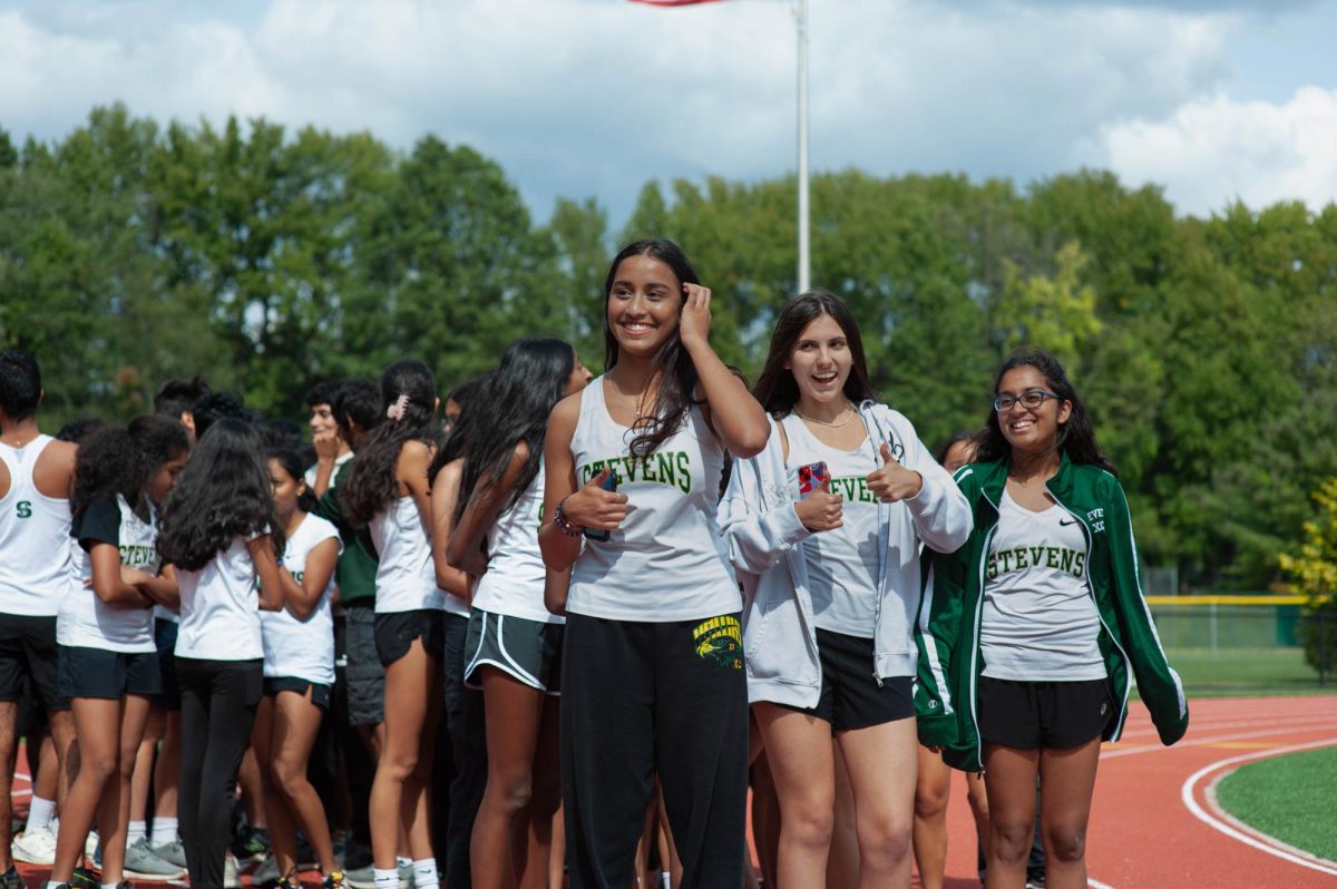 Seniors Sanskriti Nayak, Sophie Bauer, and Akhila Mahindra at the pep rally